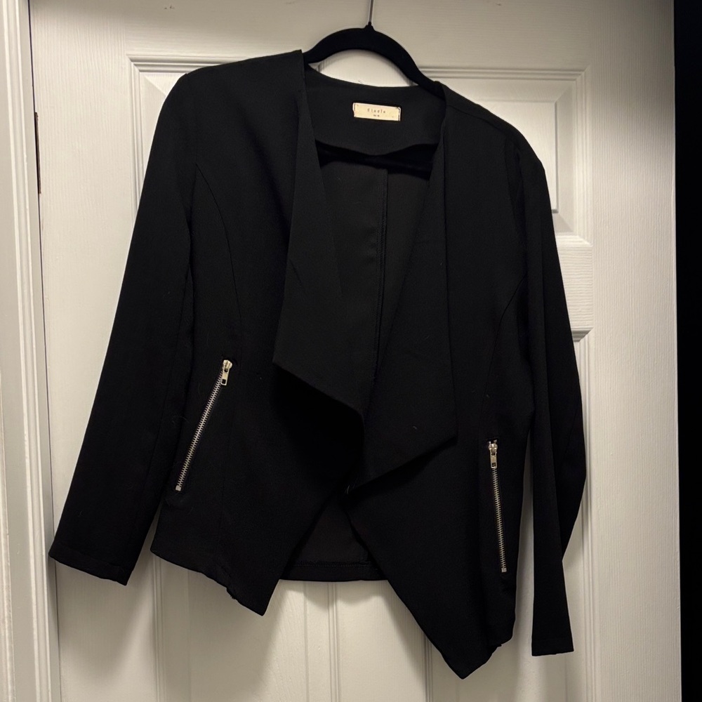 Elodie Black Draped Blazer with Zippered Pockets